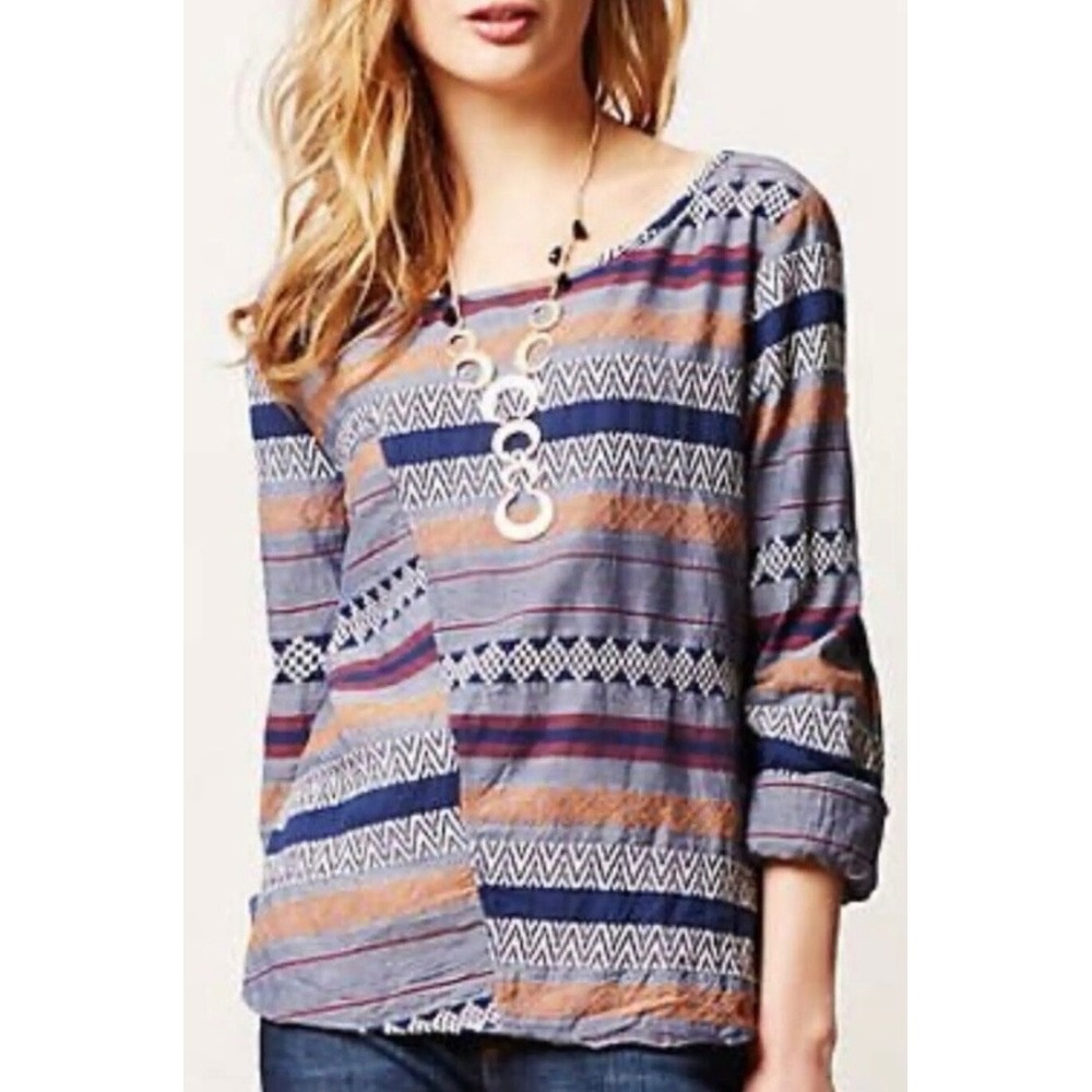 Anthropologie The Odells Split Back Tunic Patchwork Stripe Size Medium